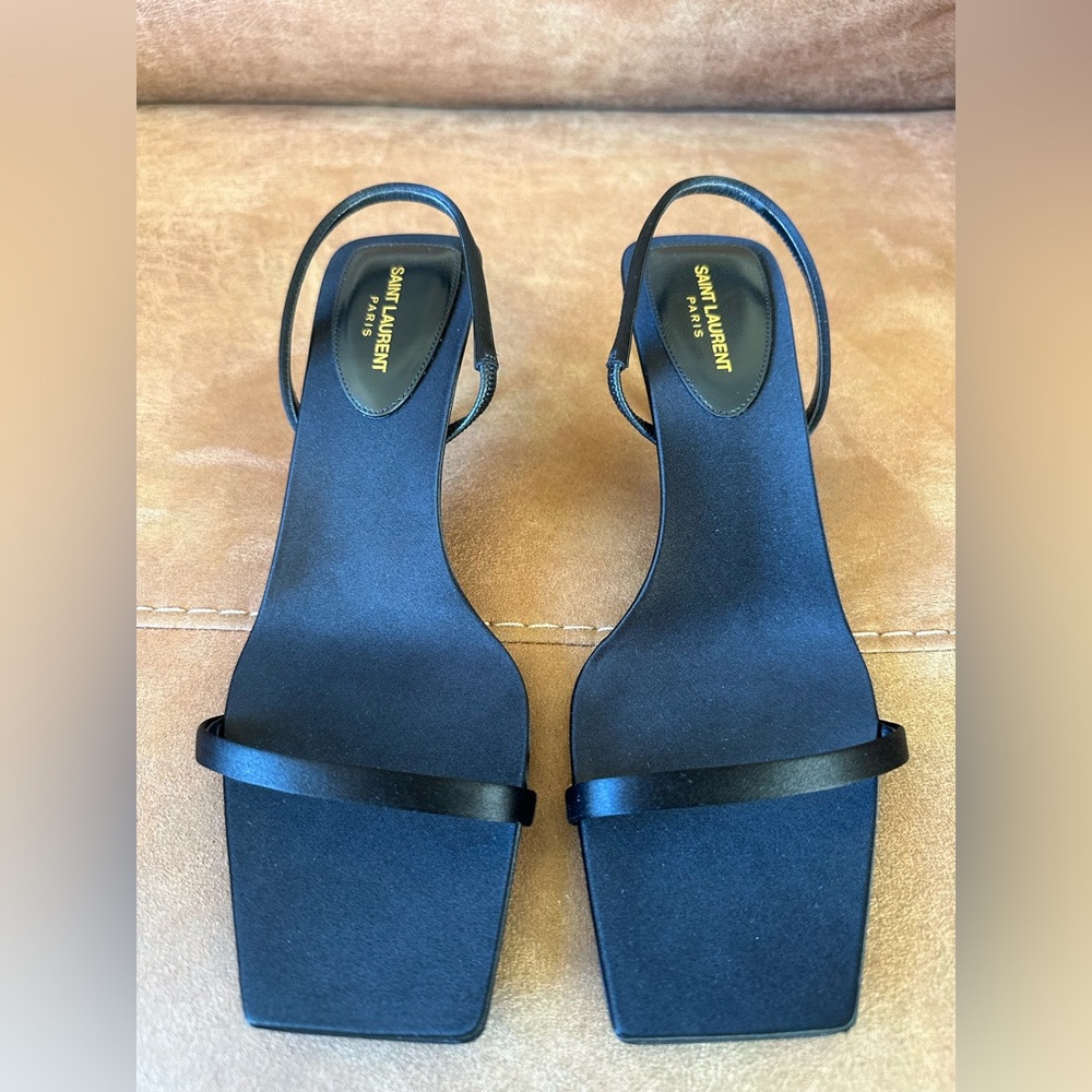 Yves Saint Laurent Black Satin Sandals in Kitten Heels